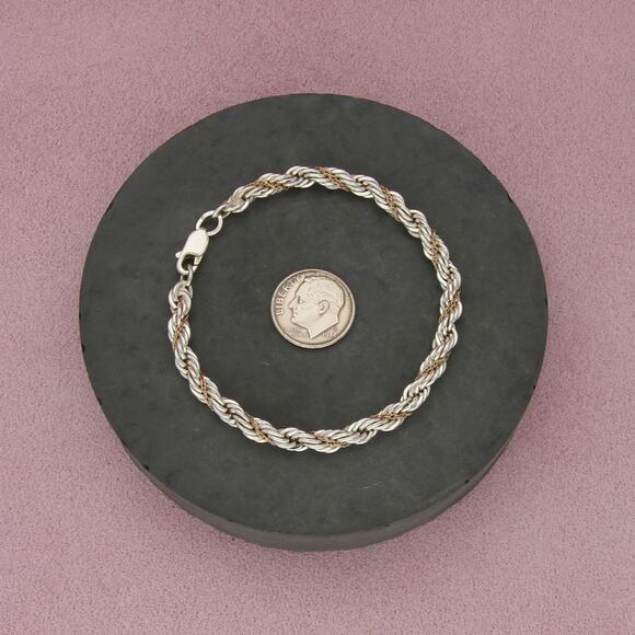 sterling silver & 14k gold wrapped rope chain bracelet size 7.25in - Picture 2 of 3